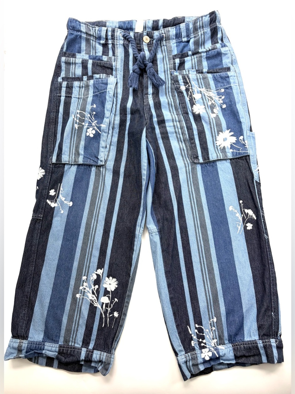 Free People We The Free Cove Crop Pull-On Jeans L Blue Striped Floral